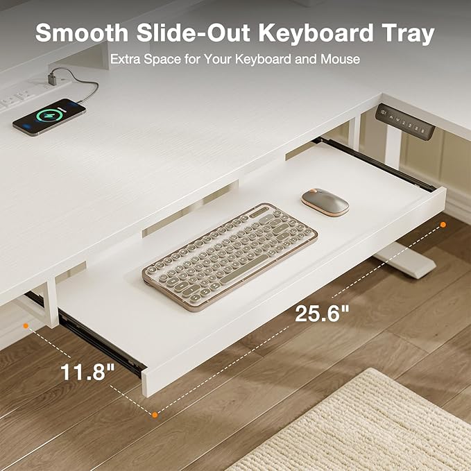 Casaottima 59" L Shaped Electric Standing Desk with Drawers, White | Monitor Stand, Keyboard Tray, Fabric Drawer, Power Outlets, Height Adjustable Corner Stand Up Desk for Organized Home Office