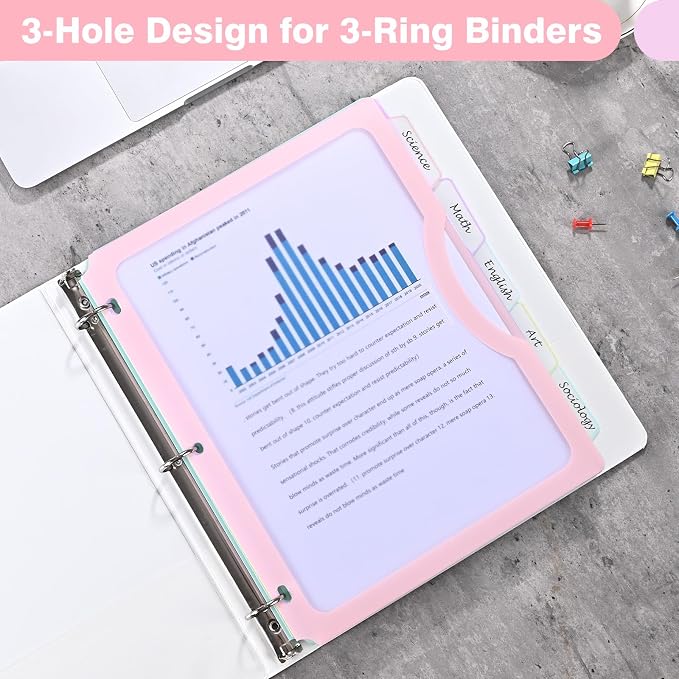 30 Counts Dividers for 3 Ring Binder, 5-Tabs Binder Dividers with Pocket for US Letter Size, 5 Pastel Recipe Binder Dividers with 1/5 Cut Tabs for Back to School/Office/Home, Pastel Color (6)