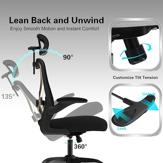 Ergonomic Office Chair, Mesh Desk Chair with Headrest, Lumbar Support, Thick Seat Cushion, Flip-up Arms, High Back Computer Task Chairs for Home Office, Black/Gold