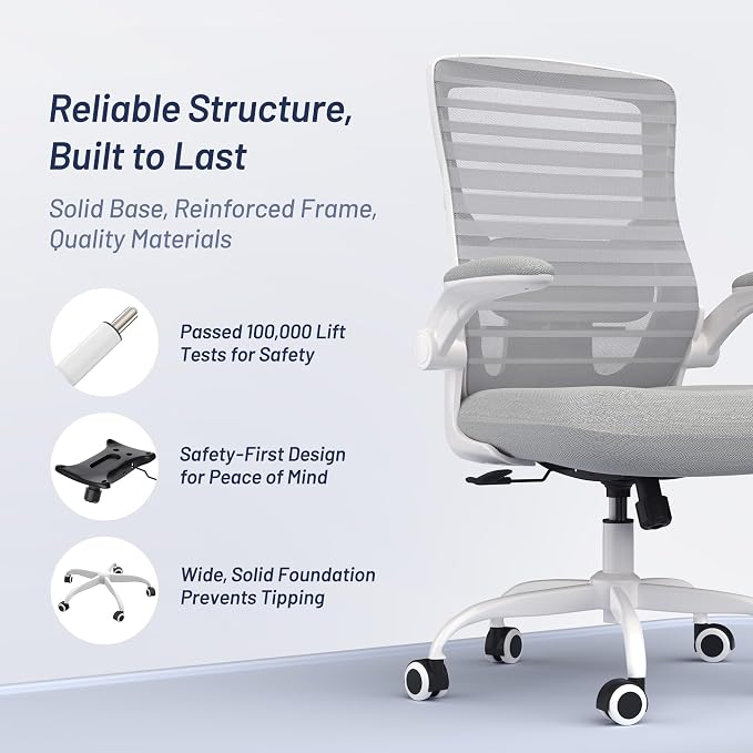Office Desk Chair for Long Hours & Lower Back Pain Relief – 4“ Thick Molded Foam Cushion, Enhanced Lumbar Support, Padded Flip-up Armrests, Ideal for Office or Study (Light Gray)