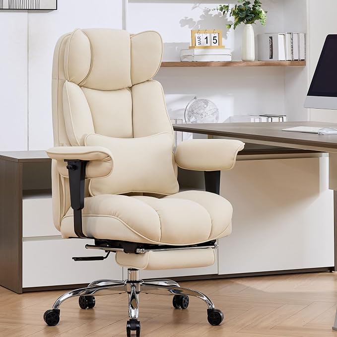 Efomao Executive Office Chair, Beige Fabric Big and Tall Desk Chair | Breathable fabric, pocket spring & foam seat, retractable footrest, 135° recline for computer gaming setup