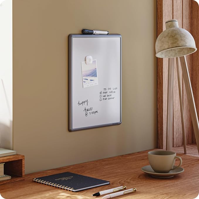 U Brands Contempo Magnetic Dry Erase Board White Board, 11" x 14", Gray Modern Frame, Includes Magnet and Marker