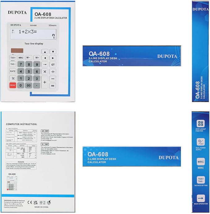 Desktop Calculator Large Display Big Buttons with 12 Digits 2-line | Solar Power and Battery, Accounting Calculator with Tax and Check Function for Office, Home and Business (OA-608)