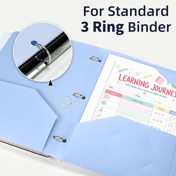 2-Pocket Folder, Heavy Duty Plastic Folder with 3 Hole Punched, Fit for 3 Ring Binder, Letter Size Binder Folder for School Office (Blue, 1 Pack)