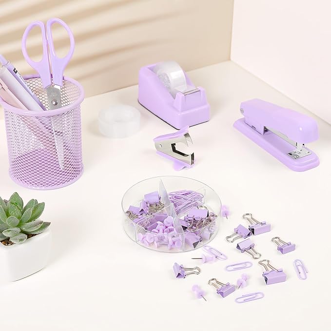 SKYDUE Purple Desk Accessories, Stapler and Tape Dispenser Set,10PCS | Purple Office Supplies Set, Stapler, Tape Dispenser, Scissors, Binder/Paper Clips and 1000pcs Staples