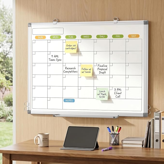 White Board Calendar 36 x 24 Monthly Whiteboard Dry Erase Calendar | Double-Sided Magnetic Calendar, Wall Planning Board with Marker Kits for Home, School, Office