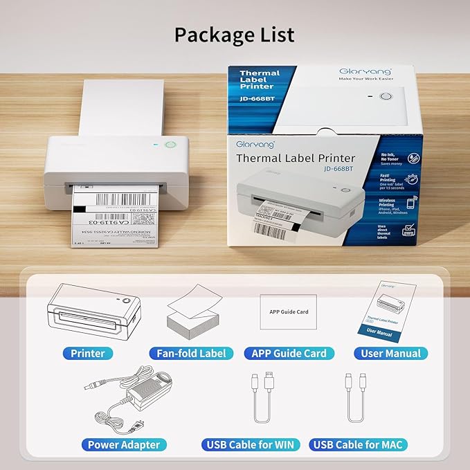 Gloryang Bluetooth Thermal Shipping Label Printer, 4X6 Inkless Label Machine for iOS, Android, Laptop, Wireless Printer for Small Business, Compatible with Amazon, UPS, Shopify, White