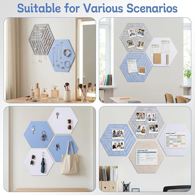 10 Pack Hexagon Cork Board, 12" x 10" Self-Adhesive Felt Bulletin Board Tiles with 40 Pushpins, Cute Pin Boards for Wall Decor Home Office School DIY Display Boards for Photos (Blue Theme)