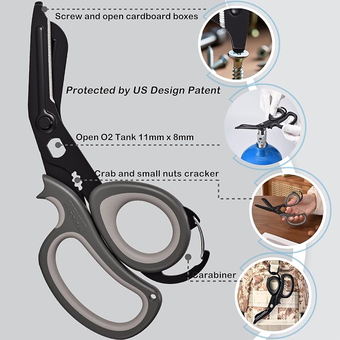 MEUUT All Purpose Scissors 2 Packs with Carabiner for Kitchen Outdoor | 7.5-inch heavy duty all purpose, Ambidextrous, micro-serrated stainless steel blades, integrated O2 wrench, soft rubber grip
