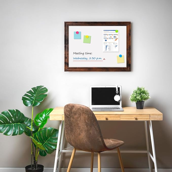 White Board for Wall, 24'' x 18'' Magnetic Dry Erase Board, Brown | Wooden Frame, Decorative Whiteboard, Wall Mounted, for Home, Office, Kitchen, Dorm, 4 Markers, 6 Magnets, A Eraser