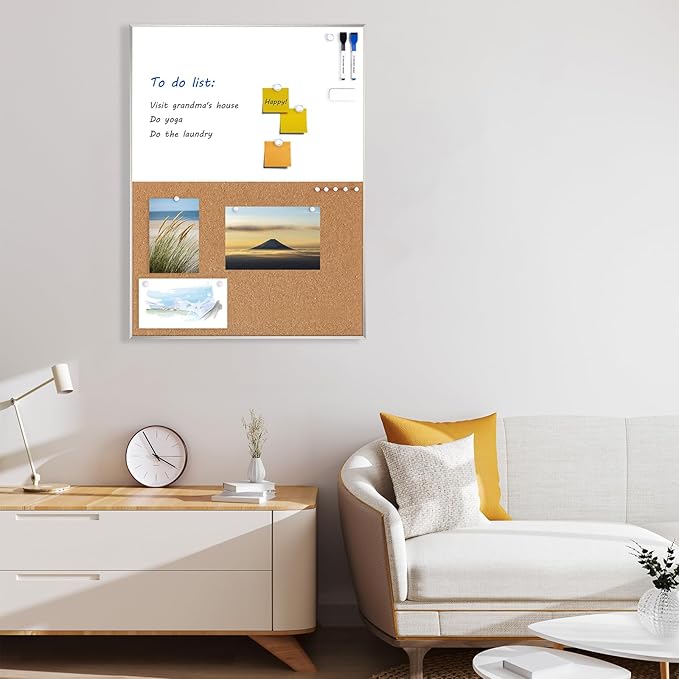 Cork Board White Board Combo | 24"x18" Bulletin Board, Magnetic Dry Erase Board & Corkboard for Wall, Vision Board for Home, Office, School, Silver Frame