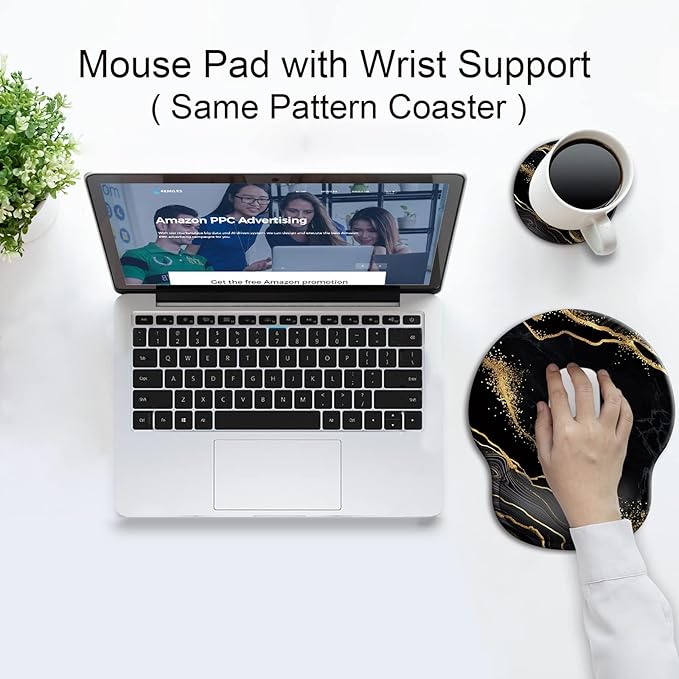 Ergonomic Mouse Pad with Wrist Support Rest,Large Mousepad Gel Wrist Rest, with Coaster Non-Slip & Pain Relief for Computer, Desk, Home&Office-Black Golden Marble 2