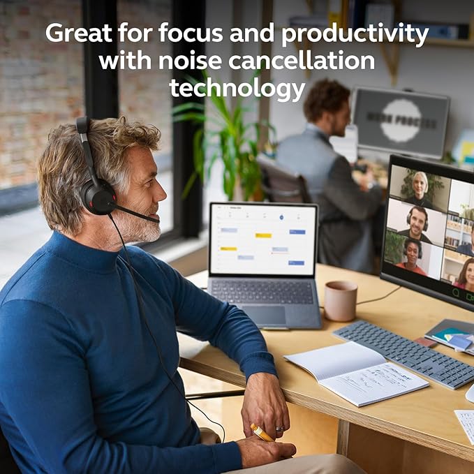 Jabra Evolve2 50 Wired Single-Ear Headset - Noise Cancelling Headphones, Bluetooth Headset for Work with Noise Cancelling Microphones, Works with Online Meeting Platforms Like Zoom & Google, Black