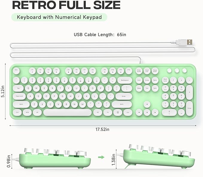 Computer Keyboard Wired, Plug and Play USB Retro Round Typewriter Keyboard, Full Size Wired Keyboard with Foldable Stands for Laptop and Office PC