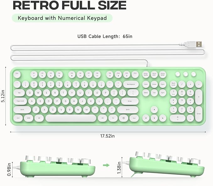 MOWUX Computer Keyboard Wired, Plug and Play USB Retro Round Typewriter Keyboard, Full Size Wired Keyboard with Foldable Stands for Laptop and Office PC- Green