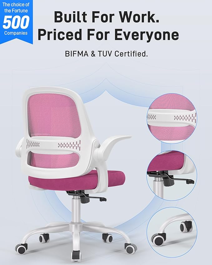 Ergonomic Mesh Office Chair for Home Office, Flip-Up Arms, Breathable Mesh Back & Thick Seat Cushion, Swivel Rolling Computer Desk Chair – BIFMA Certified, Supports 300 lbs (White Frame/Pink Seat)