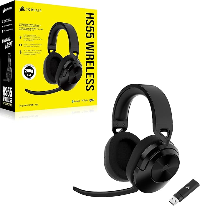 Corsair HS55 Wireless Multiplatform Lightweight Gaming Headset with Bluetooth - Dolby 7.1 Surround Sound - iCUE Compatible - PC, PS5, PS4, Nintendo Switch, Mobile - Black
