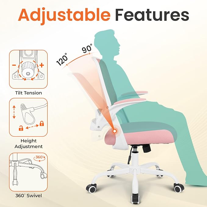 NEO CHAIR Office Computer Chair Ergonomic Mesh Back Flip-Up Arms, Pink | Lumbar Support, Smooth-Rolling Casters, Height Adjustable Seat, Comfortable Seating for Office, Study and Computer Work