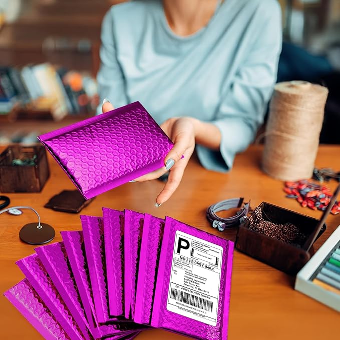 Fuxury Foil Bubble Mailers 4x8" 50 Pack,Sturdy Padded Envelopes Usable Size 4x7",Strong Adhesion Bubble Shipping Envelopes,Thick Opaque Shipping Bags for Mailing Jewelry Makeup Gift Small Item Purple