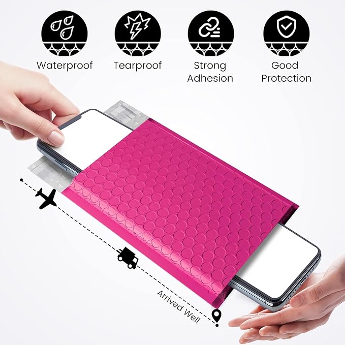 Fuxury Pink Bubble Mailers 4x8" 200 Pack Small Self-Seal Padded Envelopes | 4x7 usable size,#000 waterproof tear resistant envelopes,cushioned protection for jewelry,trading cards,small business