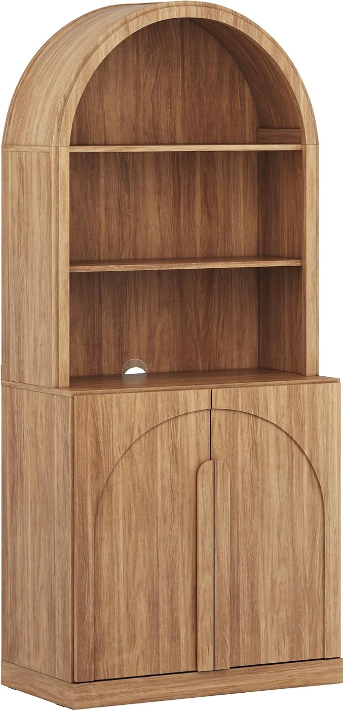 BELLEZE Arched Bookshelf with Storage, 71" Tall Wood Curio Display Cabinet with Adjustable Shelf, 5 Tier Modern Bookcase Shelf with Door for Living Room Office, Camel