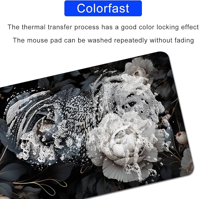 Black and White Mouse Pad,Floral Mouse Pad Desk Mat,Large Mousepad | Stitched Edges Rubber Non-slip Girls Office Study XL Long Extended for Computer Keyboard Laptop PC