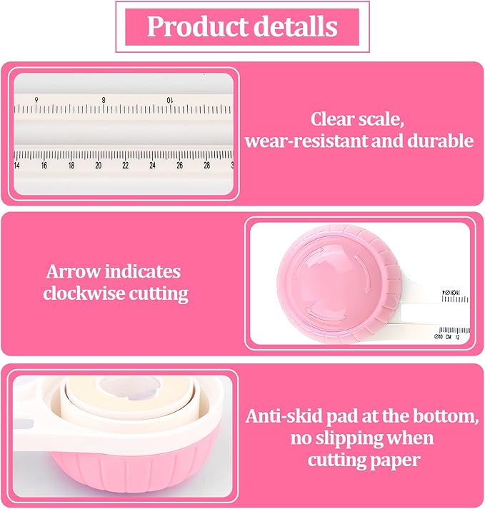 Circle Paper Cutters,Adjustable Rotary Circle Cutter,Circular Cardboard Circle Cutter with 3 Replaceable Blades, Trimmer Scrapbooking Tools,DIY Craft Cutting Tools Pink