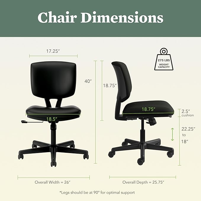 HON Volt Ergonomic Office Chair, Armless, Office Desk Computer Chair, Black | Leather desk chair with armless design, rolling mobility, office decor, workstation seating for productivity and study