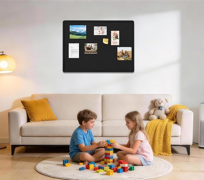 Bulletin Board 24" x 18" Felt Cork Board - Decorative Pin Board, Black | Cork Board Alternative for Wall, Foldable Self-Adhesive Vision Board Prayer Board with Pushpins for Home Office Classroom