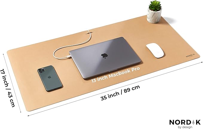 Nordik Leather Desk Mat -Champagne Beige- Large Leather Desk Pad (35x17 in) | Premium Vegan Leather Desk Pad with Cable Organizer, Giftable, Extended Waterproof Mouse Mat, Non-Slip Desk Pad Protector