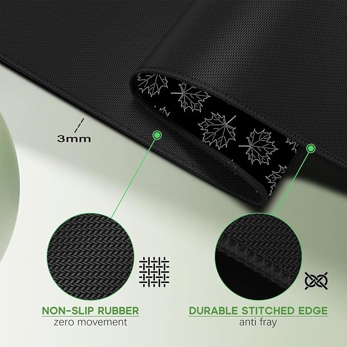 Black Maple Leafs Mouse Pad, Large Desk mat,31.5"x11.8"Laptop Gaming | Sewn Edges, Microwoven Fabric,Easy to Clean, Suitable for Office