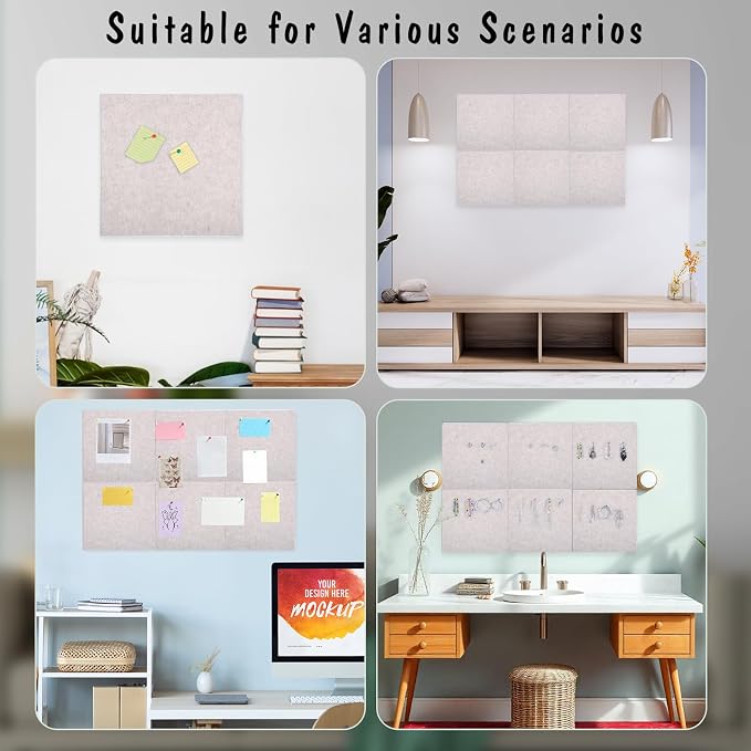 Large Cork Board 36" x 24", 6 Pack Felt Bulletin Board, Pin Boards | Includes Pushpins & Self-Adhesive Strips, Felt Wall Tiles Notice Boards for Walls Office Home School Decor - Light Tan