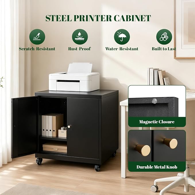 23.6" H Metal Printer Cabinet with Storage & Adjustable Shelf | Large Rolling Printer Stand, Heavy Duty Steel Printer Cart for Home Office, Workspace Organization & Office Supplies, Black