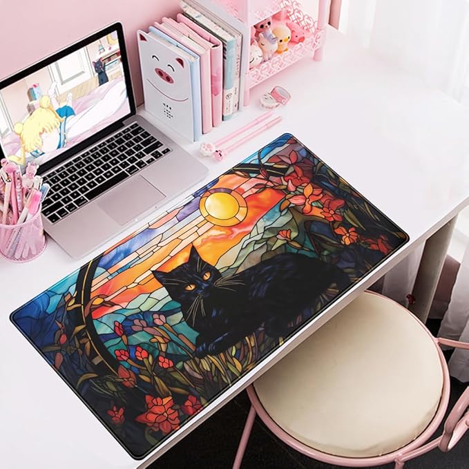 Black Cat Desk Mat Vintage Sunset XXL Large Mouse Pad Laptop Desk Mousepad with Stitched Edges, Keyboard Pad Mouse Mat for Work Game Office Desk Accessories 31.5x15.7 in