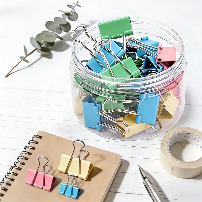 Binder Clips Assorted Sized, Metal Clips for Office, 60 Psc | 1 Box of Colored Paper clips and Binder Clips, Cute Office Supplies, Desk Accessories, Black, Colorful