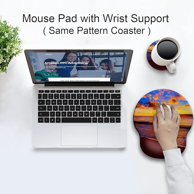 Ergonomic Mouse Pad with Wrist Support Rest,Large Mousepad Gel Wrist Rest, with Coaster Non-Slip & Pain Relief for Computer, Desk, Home&Office-Sunset Beach