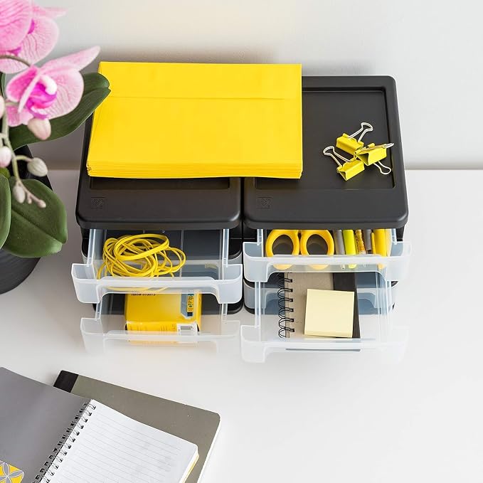 IRIS USA 4-Pack, 3-Drawer Small Plastic Stacking Desktop Organizer, Black | Keep dorm desks tidy with drawers for school supplies, makeup, chargers, snacks and everyday college essentials