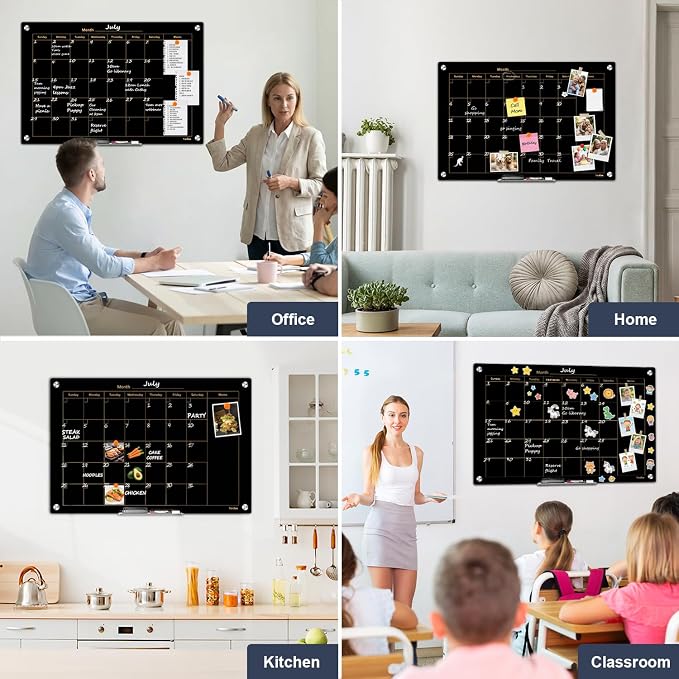 Calendar Whiteboard for Wall 36x24 Black Magnetic Glass Dry Erase Board | Magnetic Surface, Dry Erase, Large Frameless Glass Whiteboard, Ideal for Office Home School Classroom Kitchen