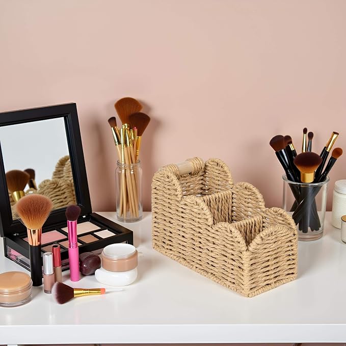 CubesLand Bedside Table Desk Organizer Caddy, Remote Pen&Pencil Holder Cup | Makeup Brush Holder w/Scalloped Perfect for Home, Office Desk, Living Room Table Decor, 3 Slots Beige