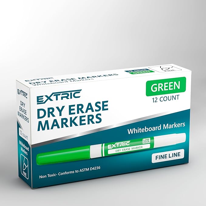 EXTRIC Green Dry Erase Markers Fine Tip 12 PK Whiteboard Markers | Use: School, Classrooms, Offices, Color: Vivid Green Ink, Tip Style: Fine Tip, Feature: Low-Odor and Non-Toxic