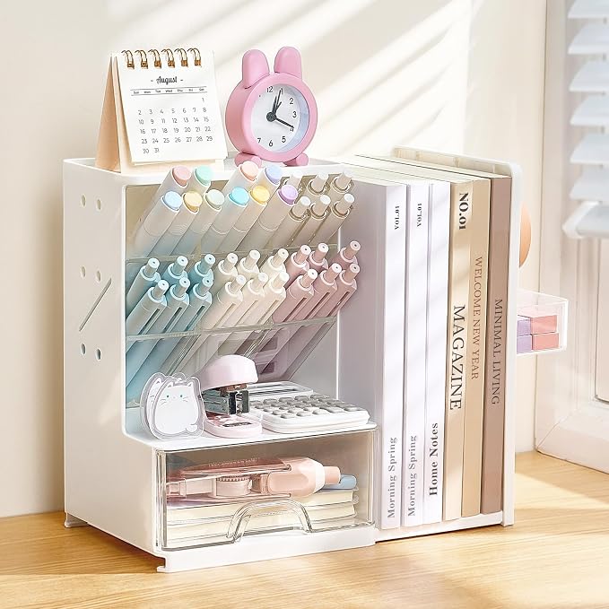 Sooez Desk Organizer with Bookends, Pegboard & Drawer, Pen & Pencil Holder | Desk Accessories with 5 Compartments, Teacher School Office Supplies, Dorm Room Organization Storage for Sticky Notes, Purple
