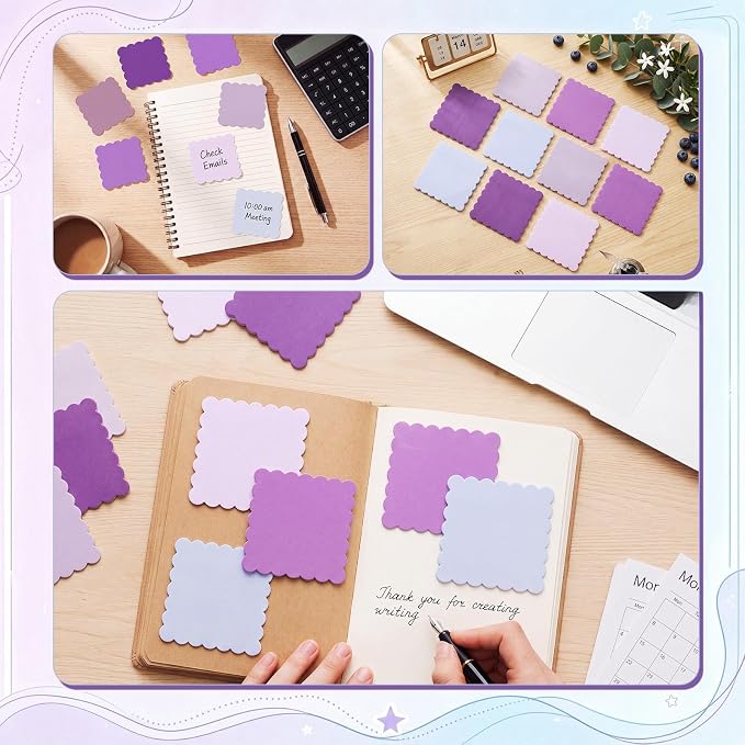 Epakh 10 Pack Scalloped Line Sticky Notes,3 x 3 Inch,Purple | 300 Sheets, Small Notes Pads, Thick Note Pads, Strong Adhesive, Back to School Office Supplies