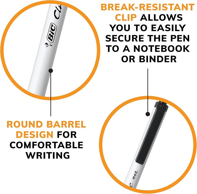 BIC Clic Stic Black Ballpoint Pens, Medium Point, 1.0mm, 12-Count | Retractable Design, Round Barrel for Comfort, Break-resistant Plastic Clip, Ideal for Work, School or Home, Smooth Ink Flow