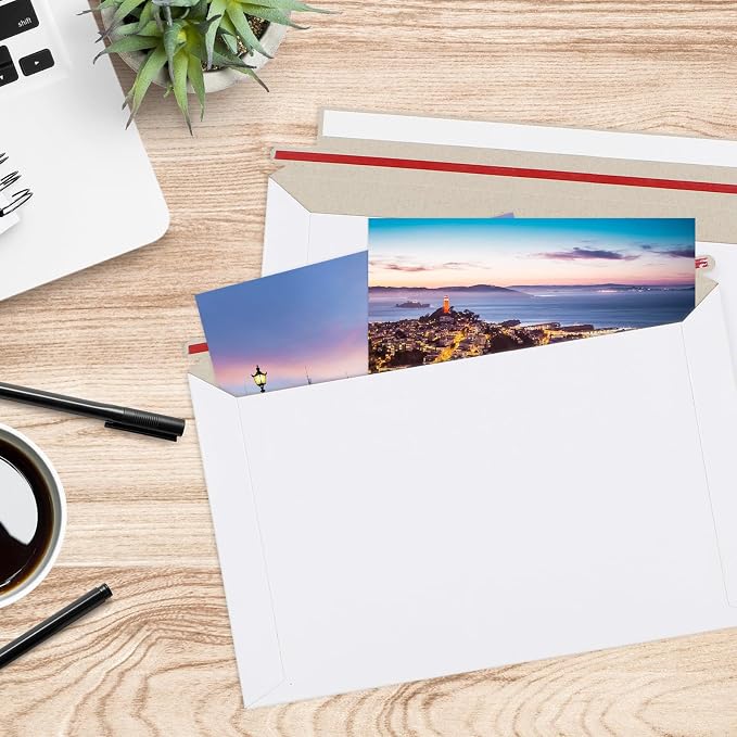 zmybcpack 100 Pack 6.3"x9.8" Rigid Mailer Self Seal Photo Document Mailer | White Stay Flat Cardboard Envelopes, For CD, Photos, Document, Postcard