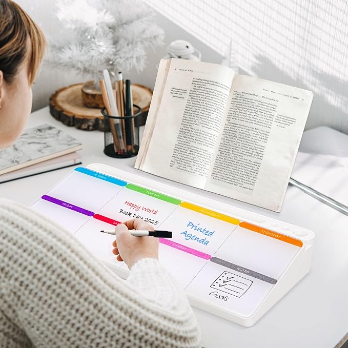 DOLLAR BOSS Glass Desk Whiteboard Calendar Small Dry Erase Board, White | Desktop White Board with Storage Drawer, Colorful Weekly Calendar, Computer Keyboard Stand, Desk Organizer, Office Supplies