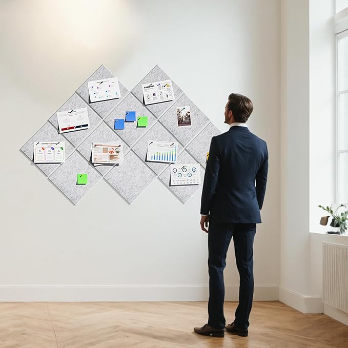 MaxGear Felt Bulletin Board 48" x 36", Light Gray Felt Wall Tile Wall Decor | Modern Cork Board For Office Alternative, 12 Pack 11.8" x 11.8" Wall Panels With Push Pins, Vision Board Office & Home Decor