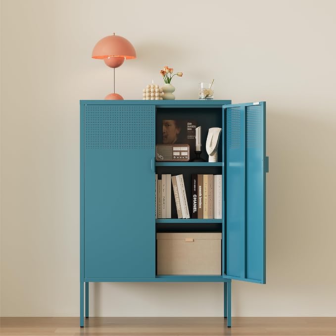 Metal Storage Cabinet,2 Door TV Stand, Metal Mesh Accent Cabinet | Magnetic Door Closure,Low Storage Cabinets with Doors and Shelf for Home,Office,Living Room