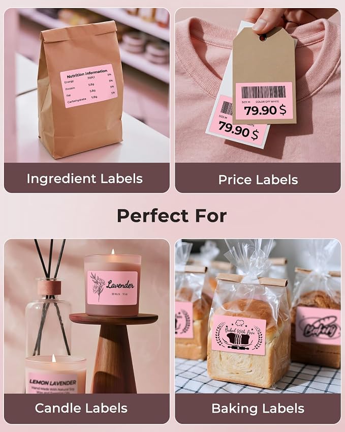 MUNBYN 3x2 Thermal Labels, 500 Sheets/1 Roll, Pink | Strong Adhesive & Perforated, Non BPA&BPS for Small Business, Shipping, Bakery, Barcode, Price Tag
