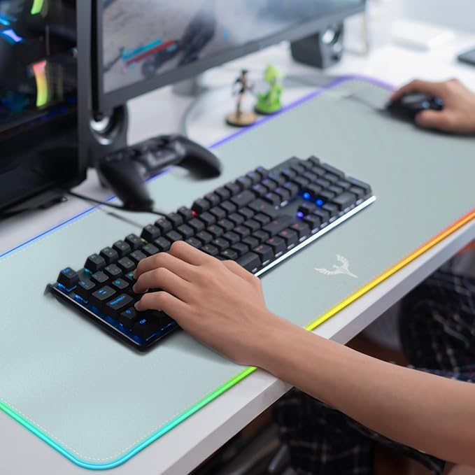 RGB Gaming Mouse Pad Extra Large Extended 31.5x12 Inch-Grey | LED mouse pad with 14 lighting modes, covers keyboard & mouse, anti-slip rubber base, waterproof surface, USB powered