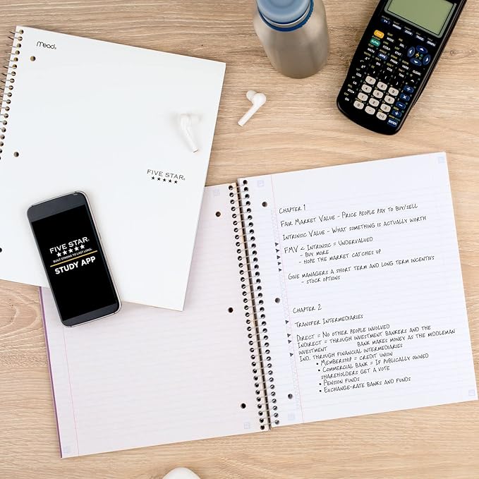 Five Star Spiral Notebook + Study App, 5 Subject, College Ruled Paper, 8-1/2" x 11", 200 Sheets, Fights Ink Bleed, Water Resistant Cover, White (72460)